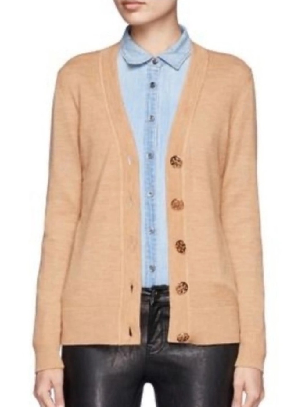 Tory Burch Neutral V‑Neck Button Front Cardigan Preppy Academia Classic Staple